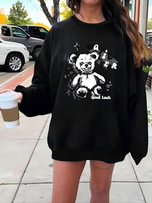 Women's Cartoon Bear Print Drop Shoulder Sweatshirt, Casual Long Sleeve Round Neck Pullover for Fall & Winter, Women's...