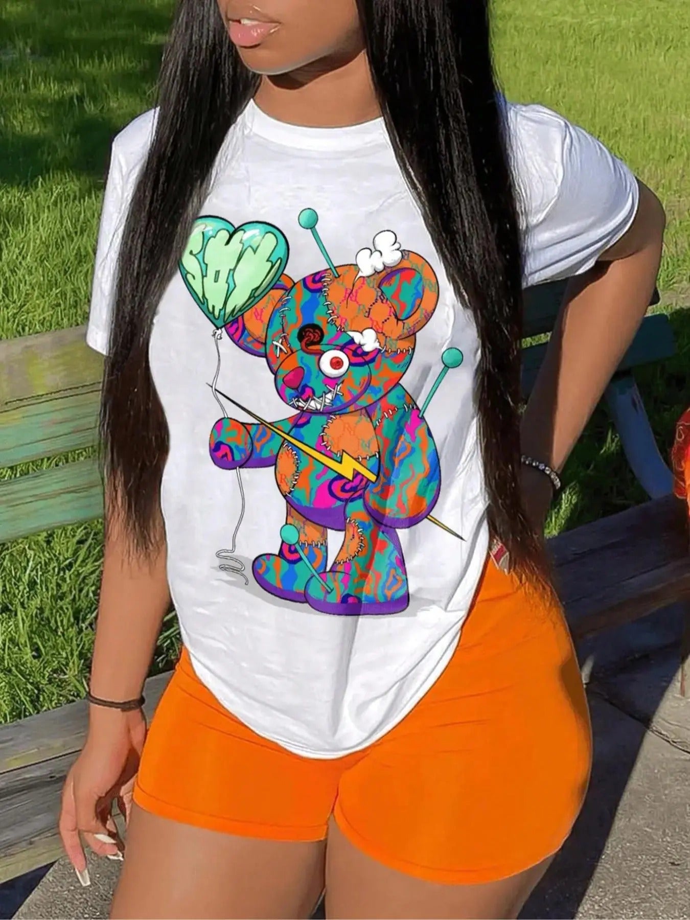 Women's Cartoon Bear Print Round Neck Tee, Fashion Casual Crew Neck Short Sleeve T-Shirt for Daily Outdoor Wear, Ladies...