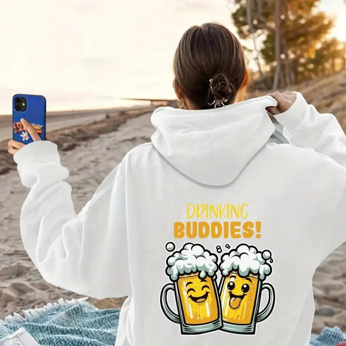 Women's Cartoon Beer & Letter Print Drawstring Hoodie, Fashion Casual Hooded Sweatshirt for Daily Holiday Outdoor Wear,...