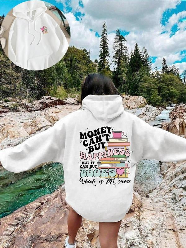 Women's Cartoon Book & Letter Print Drop Shoulder Hoodie, Fashion Casual Drawstring Pocket Hooded Sweatshirt for Daily...