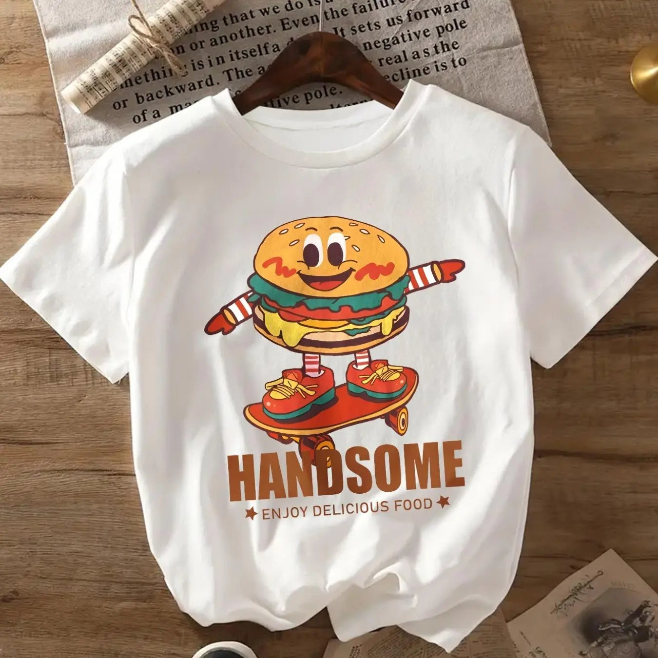 Women's Cartoon Burger & Letter Print Round Neck Tee, Fashion Casual Crew Neck T-shirt for Daily Holiday Vacation Outdoor...
