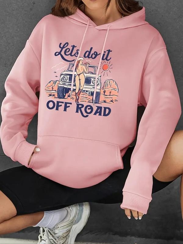 Women's Cartoon Car & Letter Print Drawstring Hoodie, Fashion Casual Hooded Sweatshirt for Daily Holiday Outdoor Wear,...