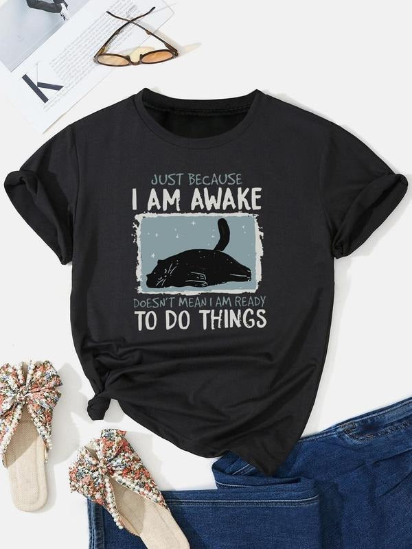 Women's Cartoon Cat & Letter Print Round Neck Tee, Casual Short Sleeve Crew Neck T-shirt for Daily Wear, Ladies Clothes...