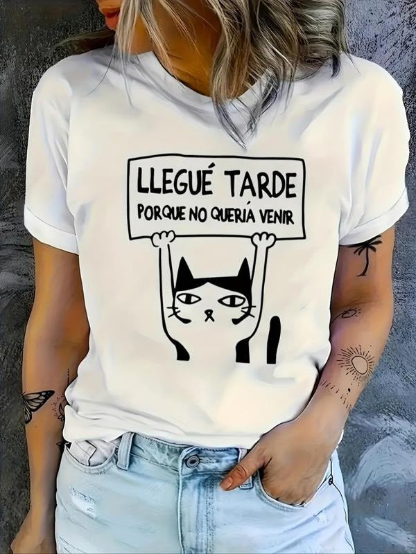 Women's Cartoon Cat & Letter Print Round Neck Tee, Fashion Casual Crew Neck T-Shirt for Daily Holiday Vacation Outdoor...