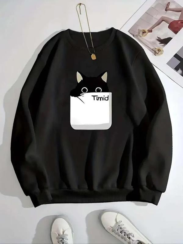 Women's Cartoon Cat Print Crew Neck Sweatshirt, Casual Long Sleeve Thermal Lined Pullover for Daily Wear, Ladies Clothes...