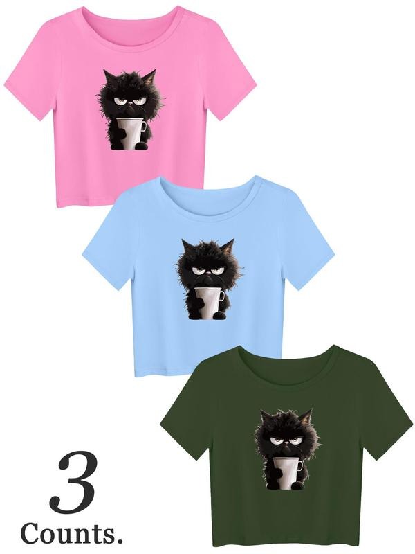 Cartoon Cat Print Crop Casual Short Sleeve Round Neck Daily Clothes All Seasons Top T-Shirts, Hoodie, Sweatshirt