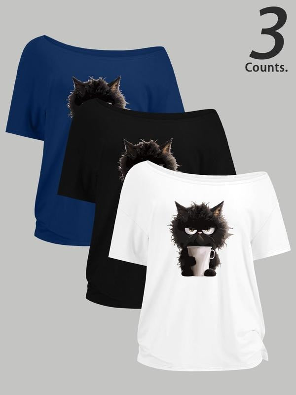 Women's Cartoon Cat Print One Shoulder Tee, Casual One Shoulder Short Sleeve T-shirt for Daily Wear, Ladies Clothes for...