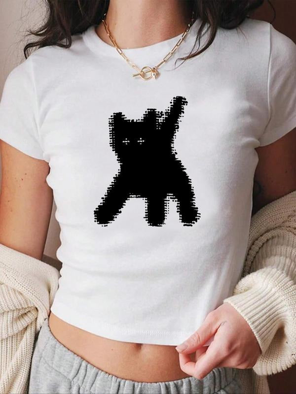 Women's Cartoon Cat Print Round Neck Crop Tee, Casual Slim-fitting Short Sleeve T-shirt, Ladies Summer Clothes for Daily...