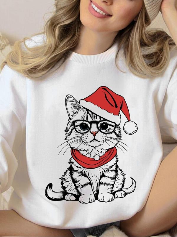 Women's Cartoon Cat Print Round Neck Sweatshirt, Casual Long Sleeve Crew Neck Pullover for Spring & Fall, Fashion Women's...