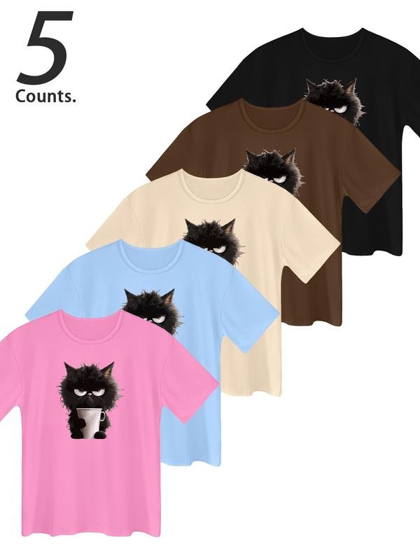 Women's Cartoon Cat Print Round Neck Tee, Casual Short Sleeve T-shirt for Daily Wear, Ladies Clothes for All Seasons, Top...