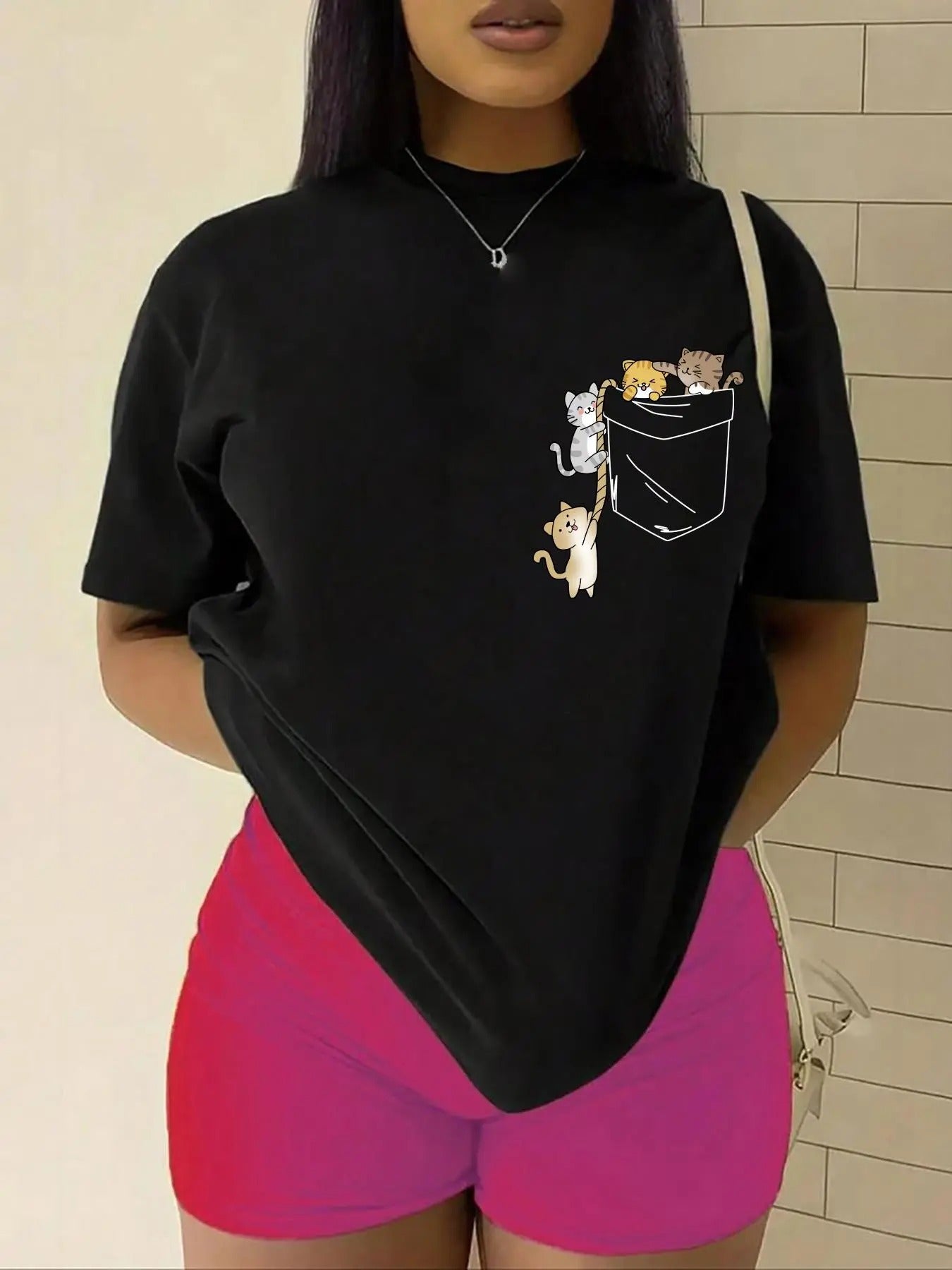 Women's Cartoon Cat Print Round Neck Tee, Fashion Casual Short Sleeve T-shirt for Summer, Women's Top for Daily Wear...