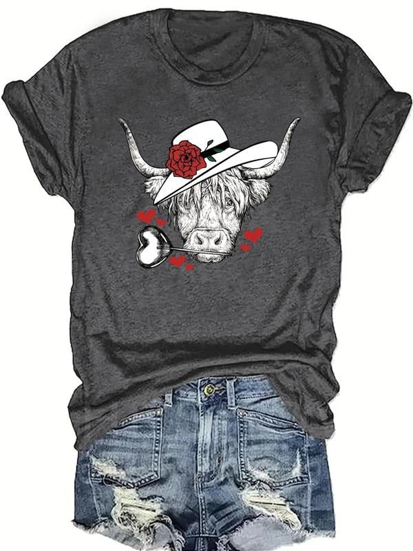 Women's Cartoon Cattle Head & Floral Print Round Neck Tee, Summer Clothes Women, Casual Short Sleeve T-shirt for Summer,...