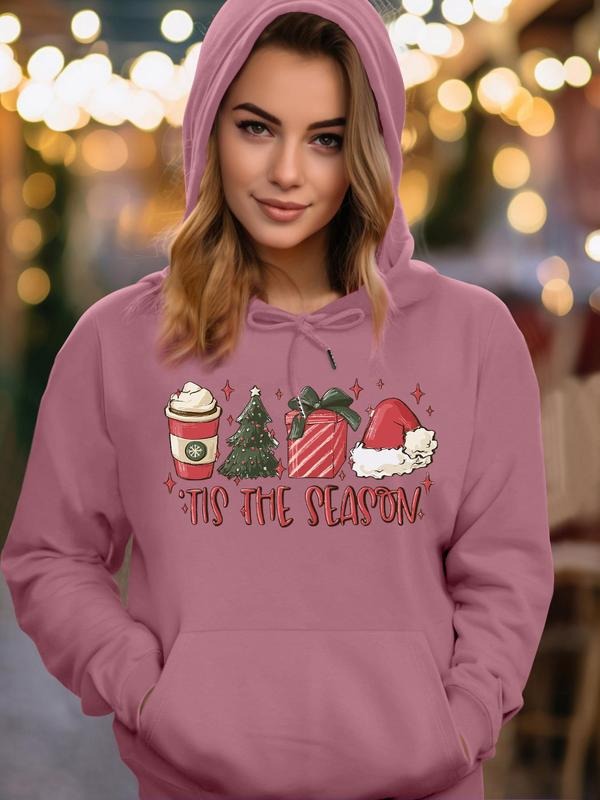 Women's Cartoon Christmas & Letter Print Drop Shoulder Long Sleeve Hoodie, Fashion Casual Drawstring Pocket Hooded...