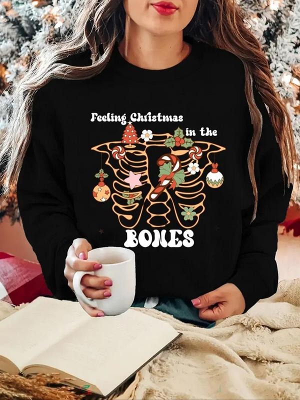 Women's Cartoon Christmas & Letter Print Drop Shoulder Sweatshirt, Casual Long Sleeve Round Neck Pullover for Daily Wear,...