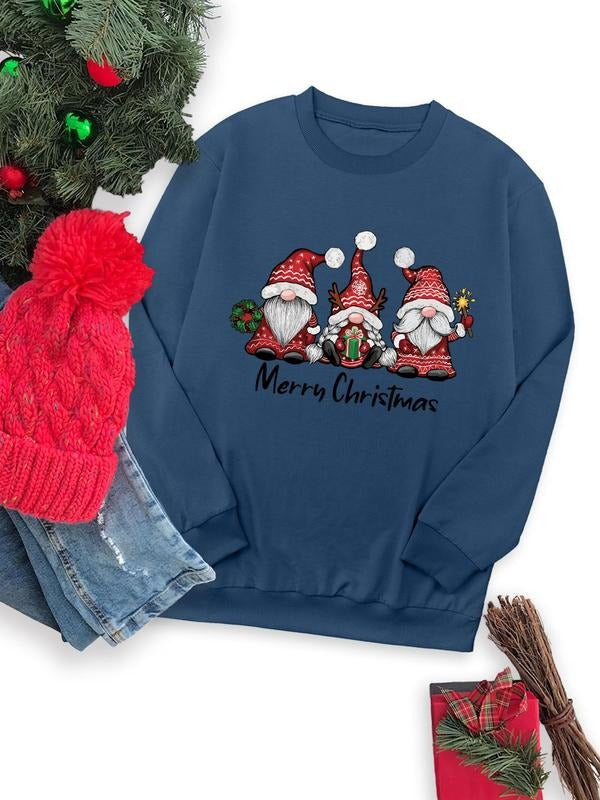 Women's Cartoon Christmas Santa Claus & Letter Print Round Neck Sweatshirt, Casual Long Sleeve Crew Neck Pullover for...