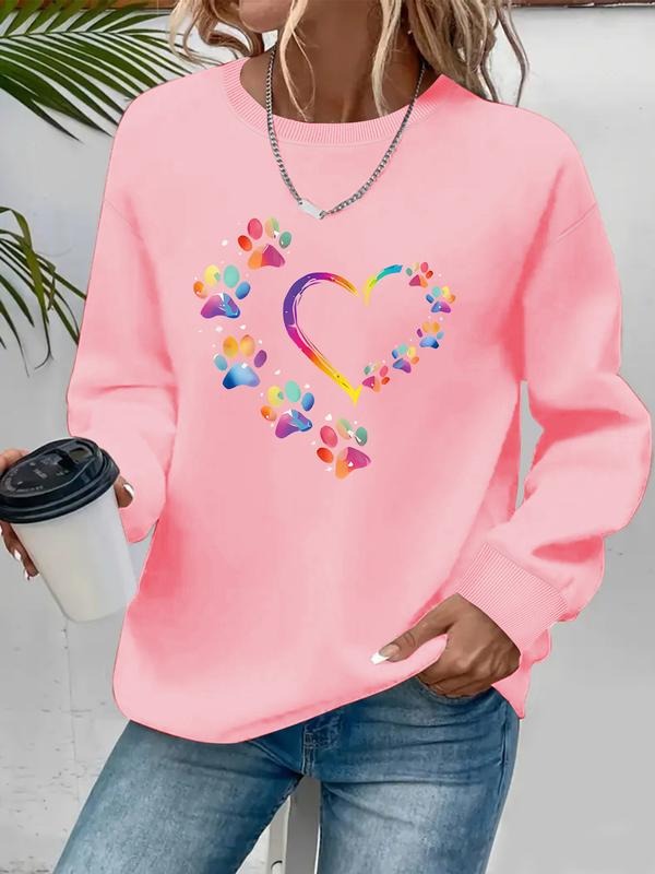 Women's Cartoon Claw Heart Pattern Round Neck Sweatshirt, Casual Fitted Pullover, Medium Stretch, All-Season Comfort...