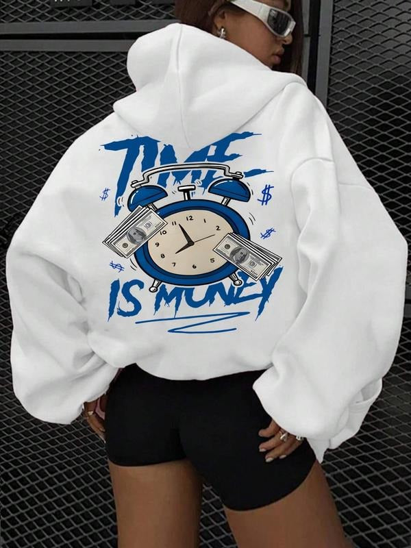 Women's Cartoon Clock & Letter Print Drop Shoulder Hoodie, Fashion Casual Drawstring Pocket Hooded Sweatshirt for Daily...
