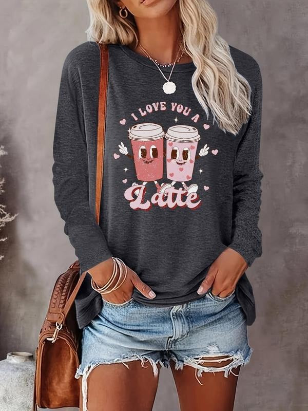 Women's Cartoon Coffee & Letter Print Round Neck T-shirt, Casual Long Sleeve Crew Neck T-shirt for Spring & Fall, Women's...