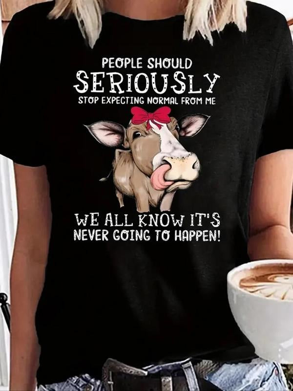 Women's Cartoon Cow & Letter Print Round Neck Tee, Fashion Casual Short Sleeve T-Shirt for Daily Wear, Ladies Summer...