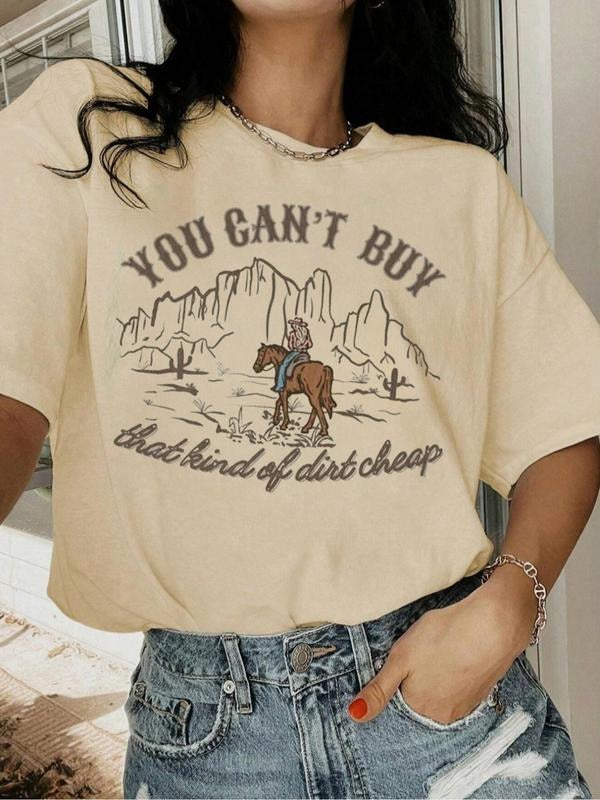 Women's Cartoon Cowboy Print Round Neck Tee, Vintage Trendy Casual Short Sleeve T-shirt for Daily Wear, Ladies Summer...