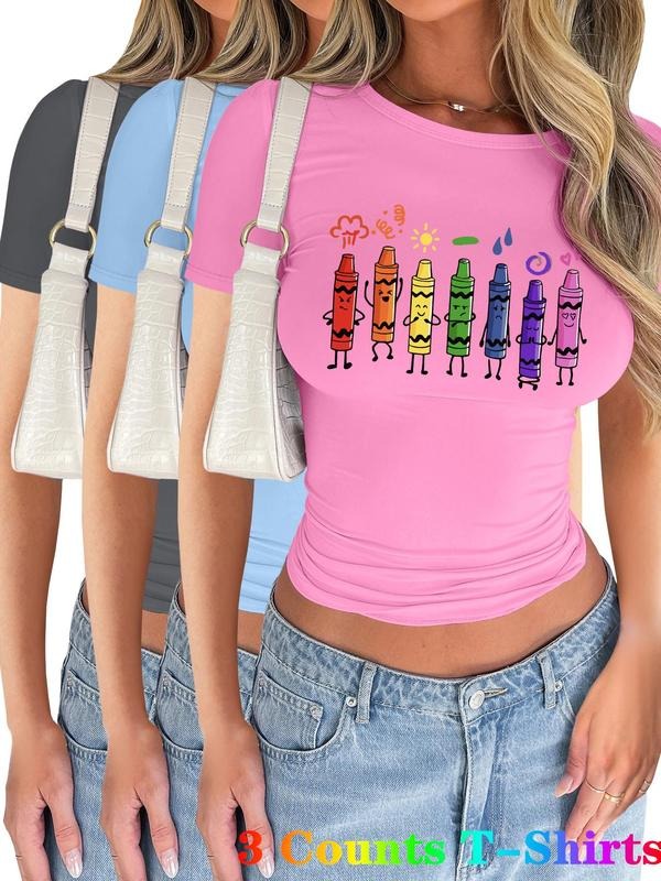 Women's Cartoon Crayon Print Short Sleeve Tee, Casual Round Neck T-shirt for Summer, Ladies Clothes for Daily Wear, Top...