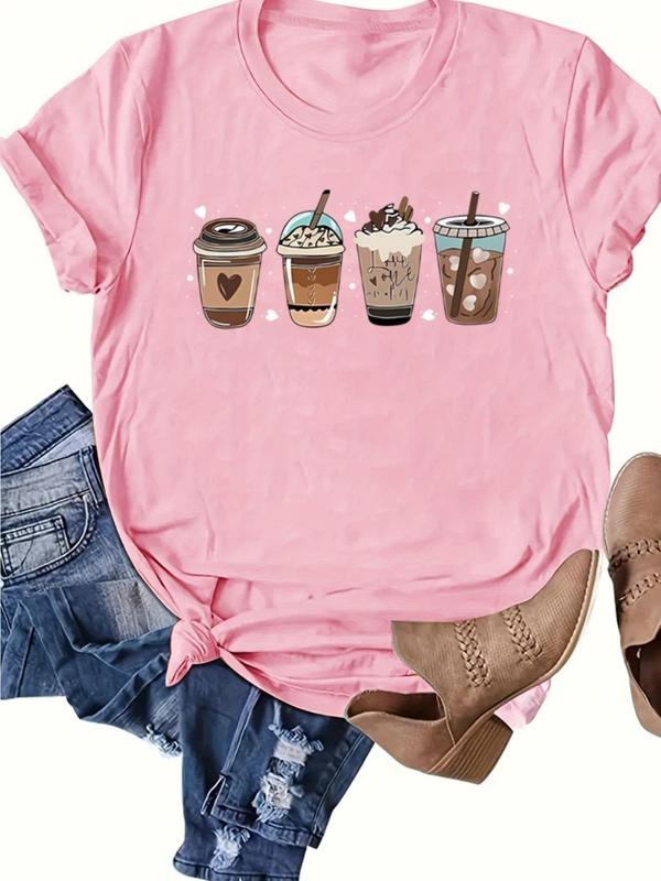 Women's Cartoon Drink Print Round Neck Tee, Cute Short Sleeve Crew Neck T-Shirt for Daily Wear, Casual All Seasons Top...