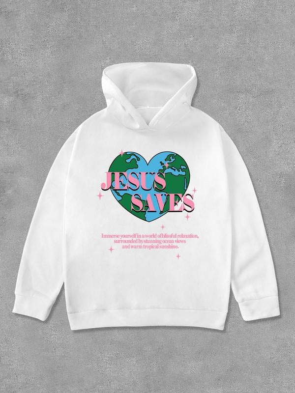 Women's Cartoon Earth & Letter Print Hoodie, Fashion Casual Long Sleeve Hooded Sweatshirt for Daily Holiday Outdoor Wear,...