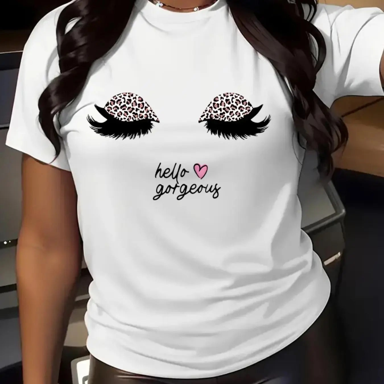 Women's Cartoon Eyelash & Letter Print Round Neck Tee, Fashion Casual Crew Neck T-Shirt for Daily Holiday Vacation...