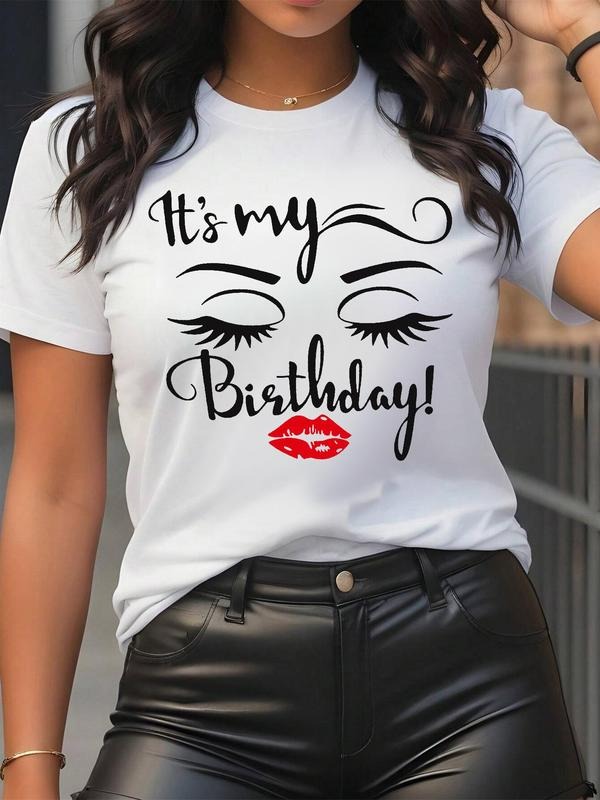 Women's Cartoon Eyes & Letter Print Round Neck Graphic Tee, Vintage Trendy Casual Short Sleeve T-shirt for Daily Wear,...