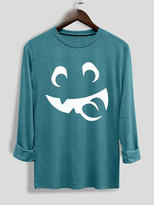 Women's Cartoon Face Print Long Sleeve Tee, Casual Round Neck T-shirt for Daily Wear, Women's Clothing for All Seasons...