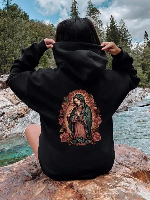 Women's Cartoon Figure Print Drop Shoulder Hoodie, Fashion Casual Drawstring Kangaroo Pocket Hooded Sweatshirt for Daily...