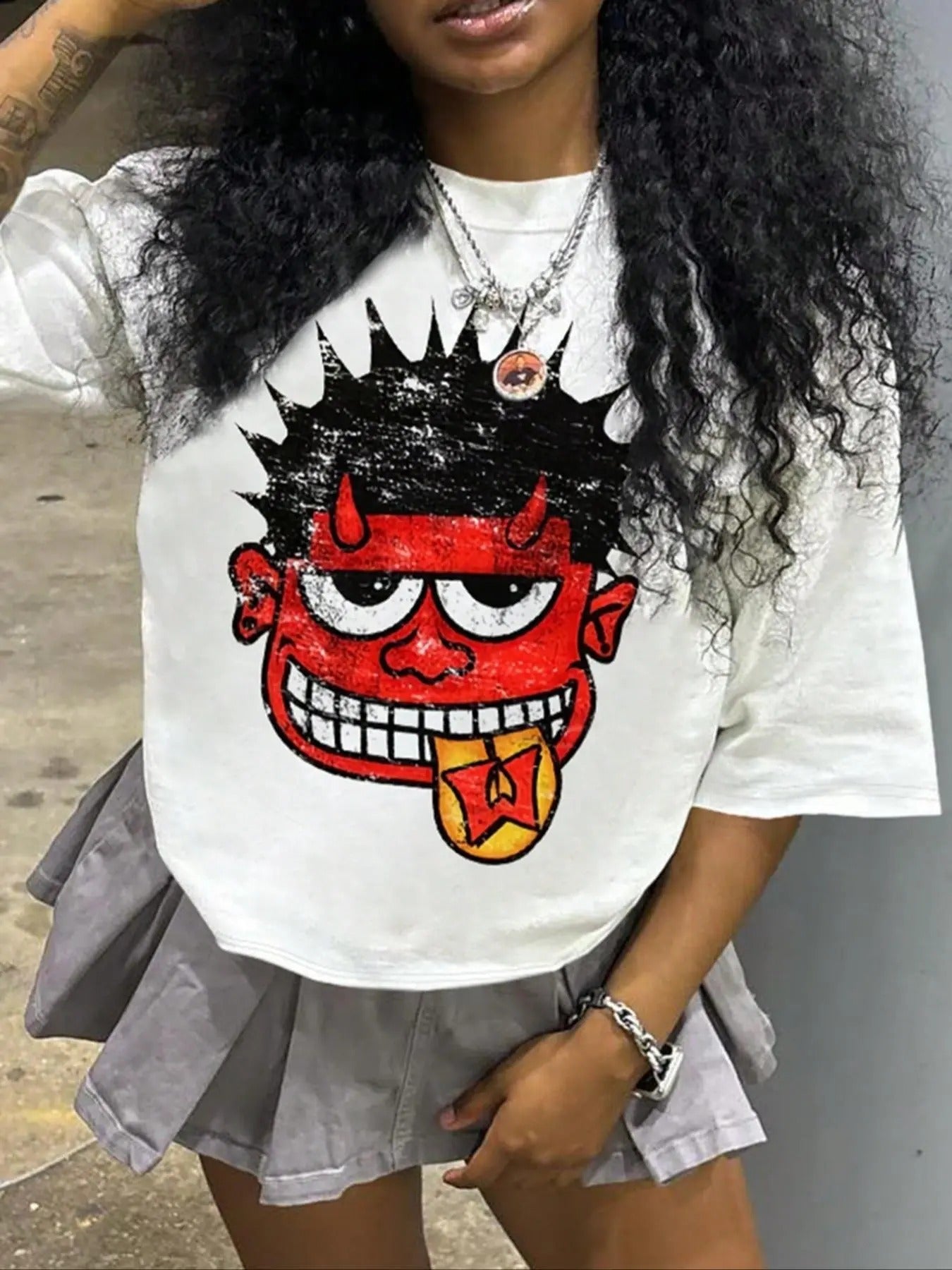 Women's Cartoon Figure Print Round Neck Tee, Fashion Casual Drop Shoulder Short Sleeve T-shirt, Ladies Summer Clothes for...