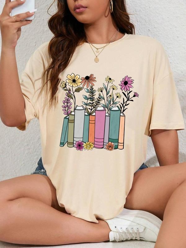 Women's Cartoon Floral Print Round Neck Graphic Tee, Vintage Trendy Casual Drop Shoulder Half Sleeve T-shirt For Daily...