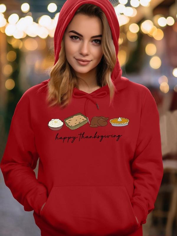 Women's Cartoon Food & Letter Print Drawstring Pocket Hoodie, Fashion Casual Long Sleeve Hooded Sweatshirt for Daily...