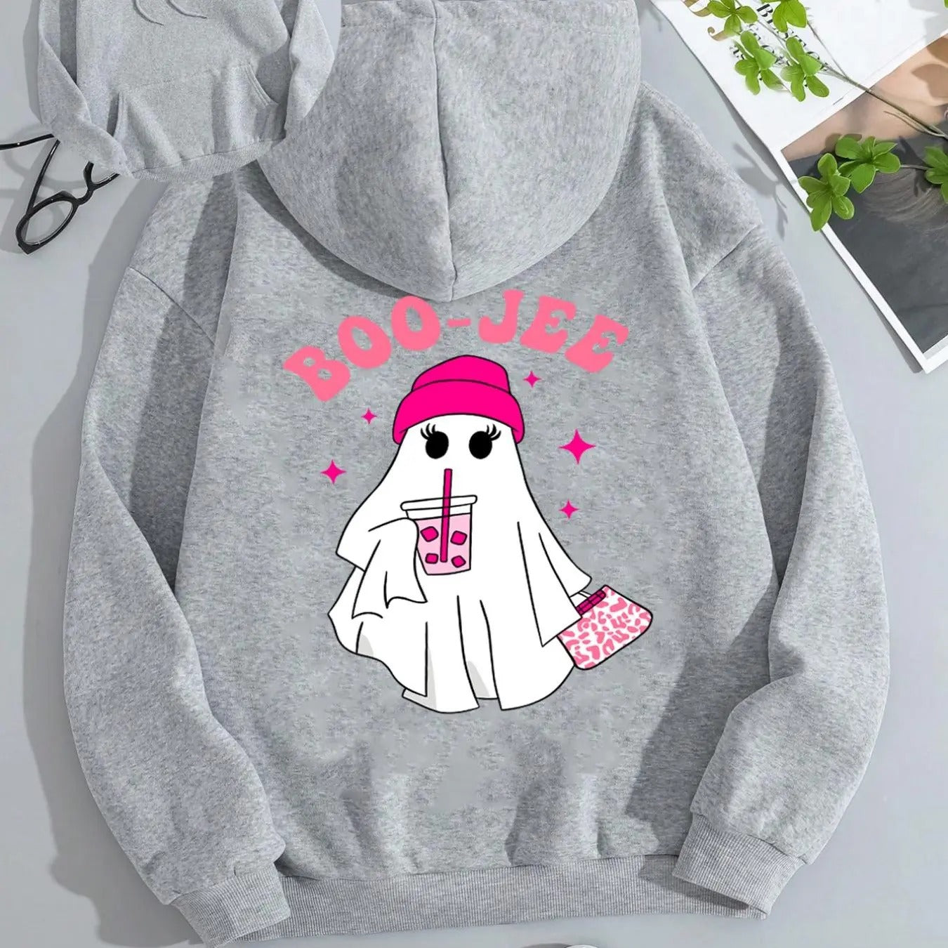 Women's Cartoon Ghost & Letter Print Drop Shoulder Hoodie, Fashion Casual Drawstring Pocket Hooded Sweatshirt for Daily...