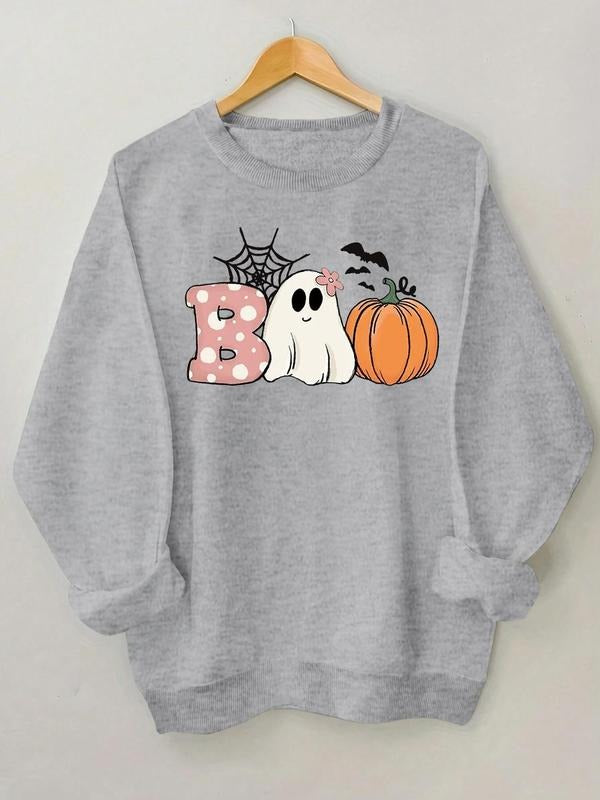 Women's Cartoon Ghost & Pumpkin Print Crew Neck Pullover, Fashion Casual Long Sleeve Sweatshirt for Daily Holiday Outdoor...