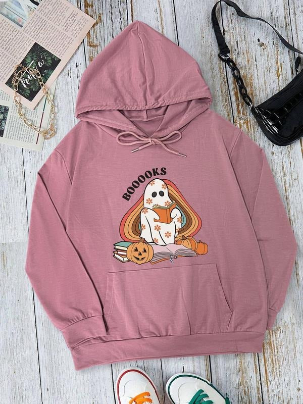 Women's Cartoon Ghost Print Drawstring Pocket Hoodie, Casual Drop Shoulder Long Sleeve Hooded Sweatshirt, Lady Fall &...