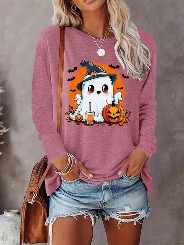 Women's Cartoon Ghost Print Round Neck T-shirt, Casual Long Sleeve Tee for Fall & Winter, Women's Clothes for Daily Wear...