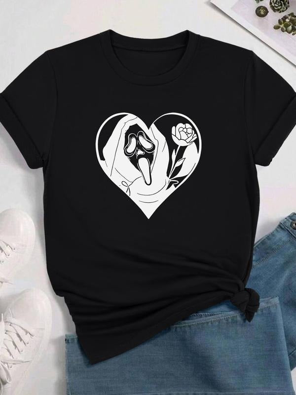 Cartoon Ghost Print Round Neck Casual Short Sleeve Daily Clothes All Seasons Top T-Shirts, Hoodie, Sweatshirt