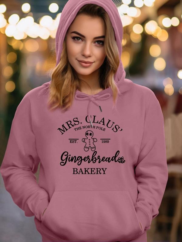 Women's Cartoon Gingerbread Man & Letter Print Drawstring Pocket Hoodie, Casual Long Sleeve Hooded Sweatshirt for Fall &...