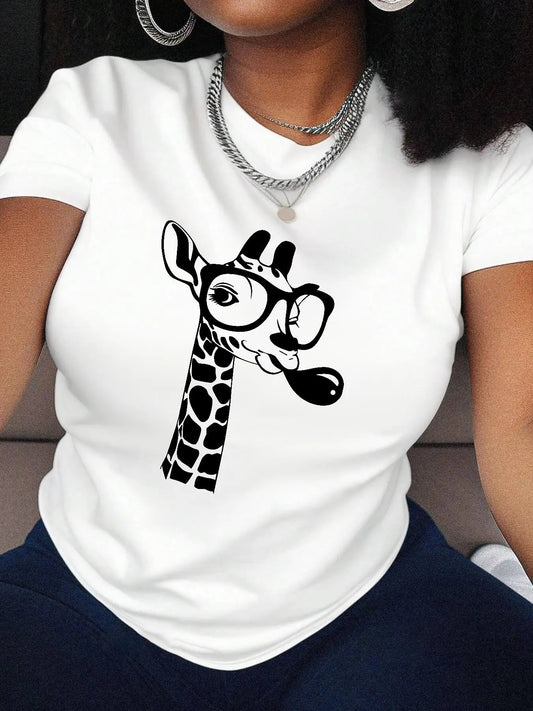 Women's Cartoon Giraffe Print Round Neck Tee, Fashion Casual Short Sleeve T-shirt for Daily Holiday Vacation Outdoor Wear, Ladies Clothes for All Seasons