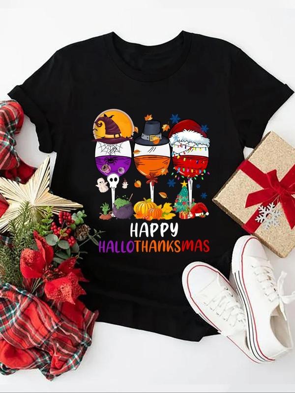 Women's Cartoon Goblet & Letter Print Round Neck Tee, Trendy Casual Short Sleeve T-shirt for Daily Wear, Ladies All...