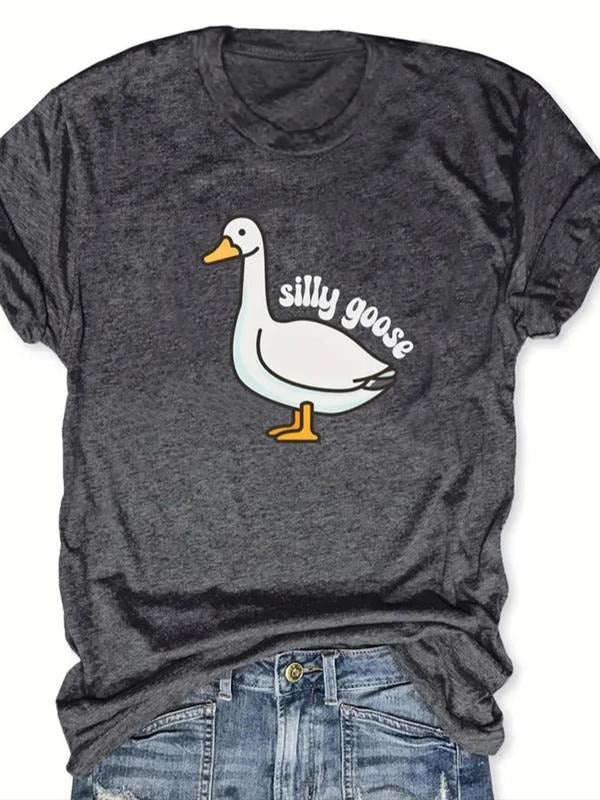 Women's Cartoon Goose & Letter Print Round Neck Tee, Casual Short Sleeve T-Shirt for Summer, Ladies Clothes for Daily...