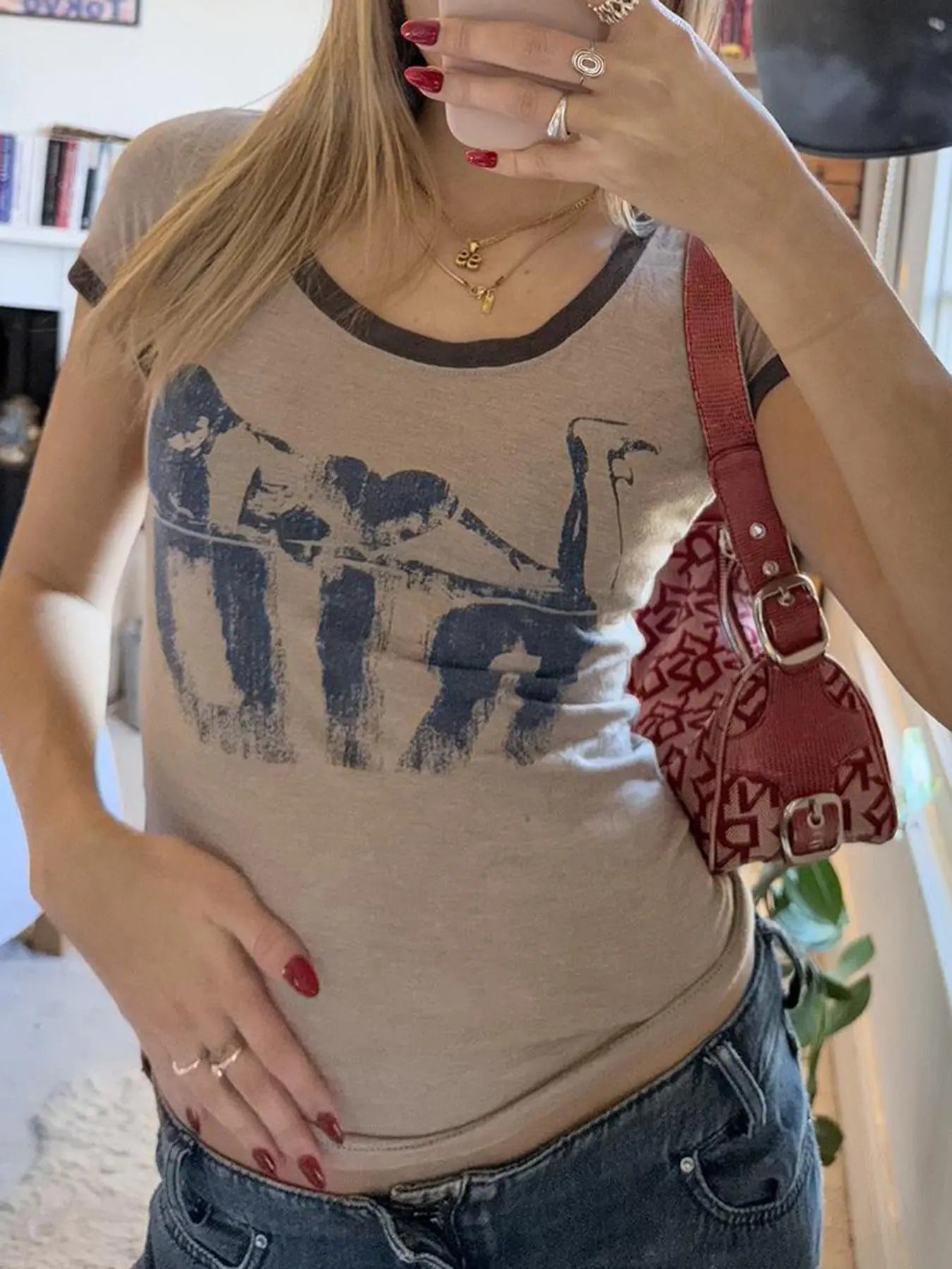 Women's Cartoon Graphic Contrast Binding Round Neck Graphic Tee, Vintage Trendy Casual Short Sleeve T-shirt For Daily...