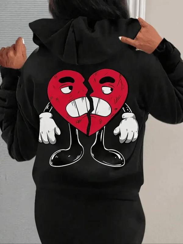 Women's Cartoon Heart Print Drop Shoulder Hoodie, Fashion Casual Drawstring Pocket Hooded Sweatshirt for Daily Holiday...