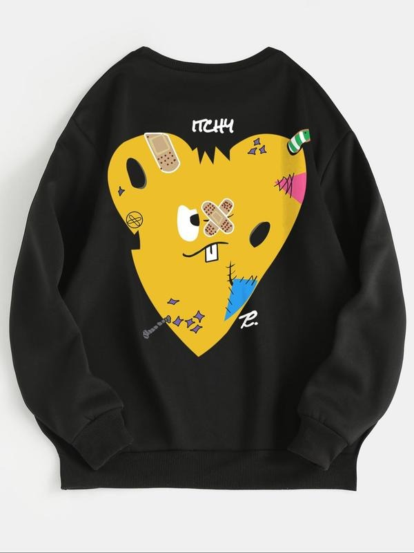 Women's Cartoon Heart Print Round Neck Sweatshirt, Fashion Casual Crew Neck Pullover for Daily Holiday Outdoor Wear,...