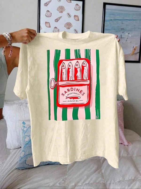 Women's Cartoon Hot Dog & Letter Print Round Neck Tee, Vintage Trendy Casual Short Sleeve T-shirt for Daily Wear, Ladies...