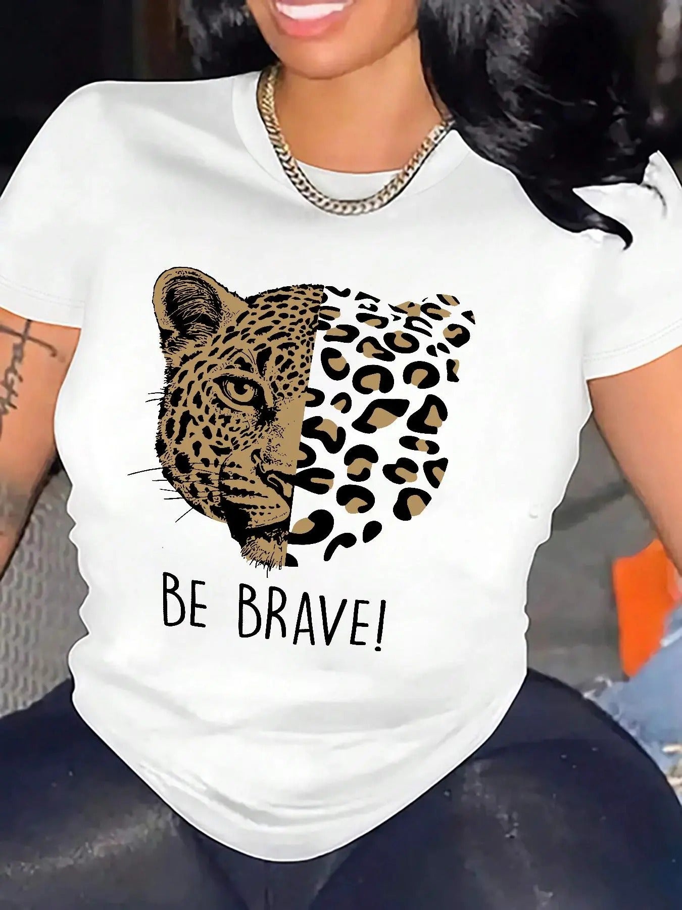 Women's Cartoon Leopard Graphic Print Round Neck Tee, Fashion Casual Short Sleeve T-shirt, Ladies Summer Clothes for...