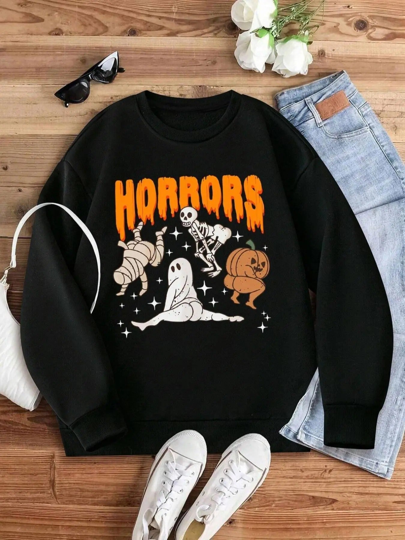 Women's Cartoon Letter Print Crew Neck Sweatshirt, Casual Drop Shoulder Long Sleeve Pullover, Women's Fall & Winter...