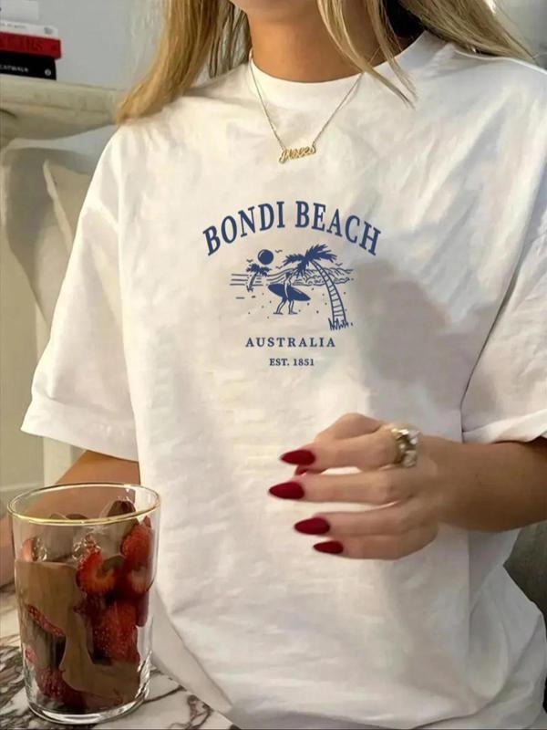 Women's Cartoon Letter Print Round Neck Tee, Vintage Trendy Casual Short Sleeve T-shirt for Daily Wear, Ladies Summer...